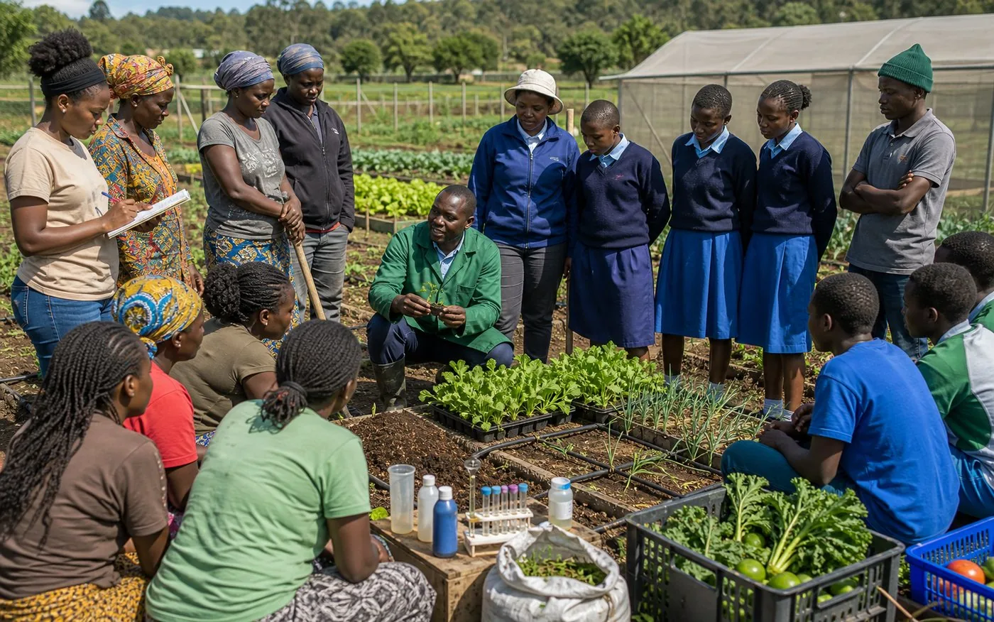 Community demonstration farm training with irrigation and seedlings